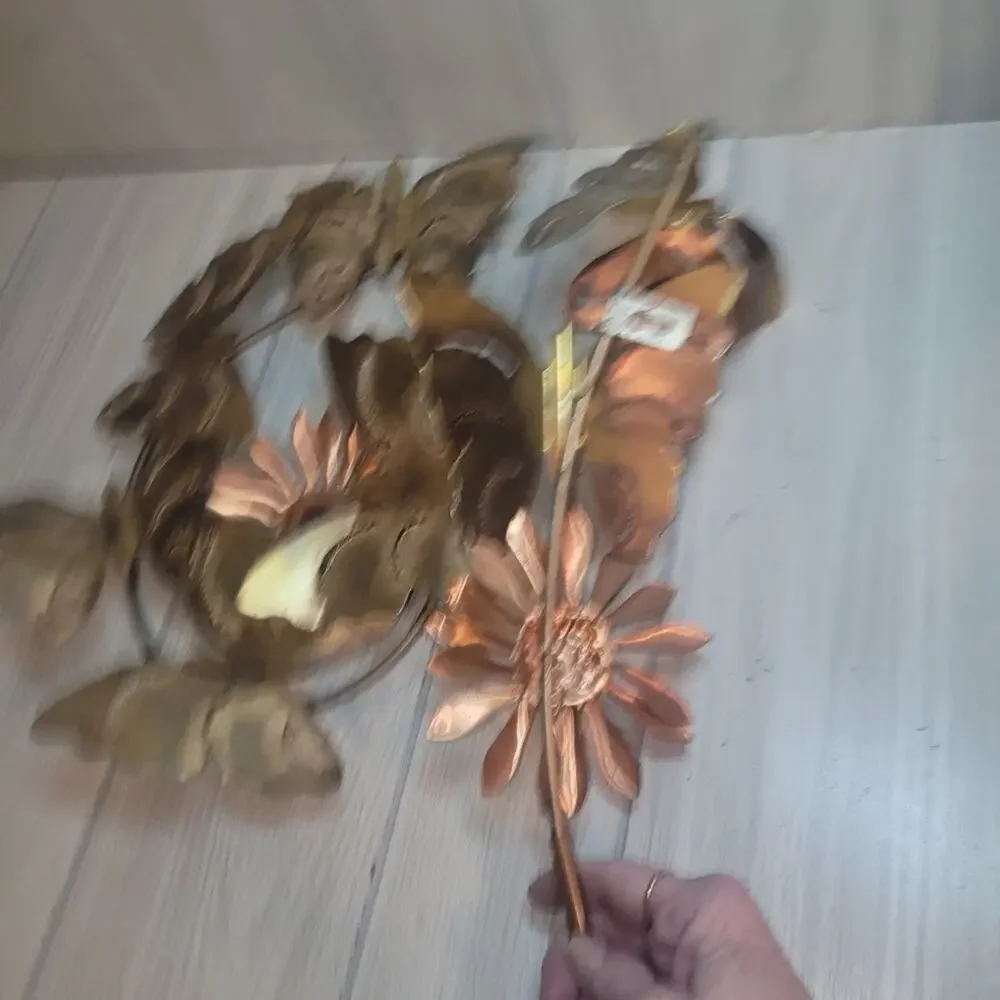 Vtg Brass Copper Butterfly & Daisy 2 Piece Gallery Wall Art Decor MCM Farmhouse